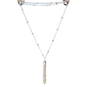 Silver Long Necklace Tassel Chain Pendant and Chain with Silver Beads 28 inches